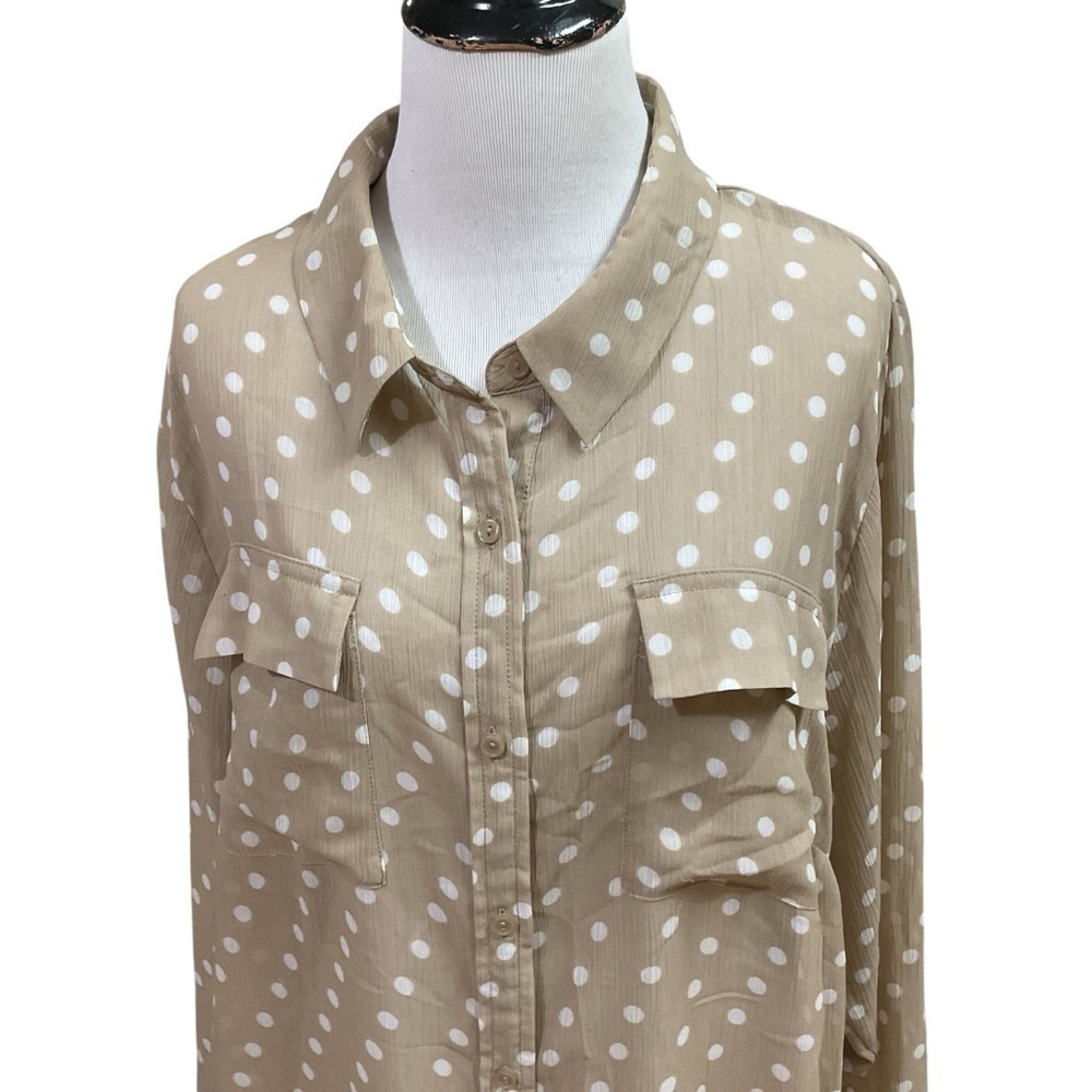 Lane Bryant Women's Size 18/20 Button Down Blouse Top Semi Sheer Polka Dot Beige - Picture 2 of 6